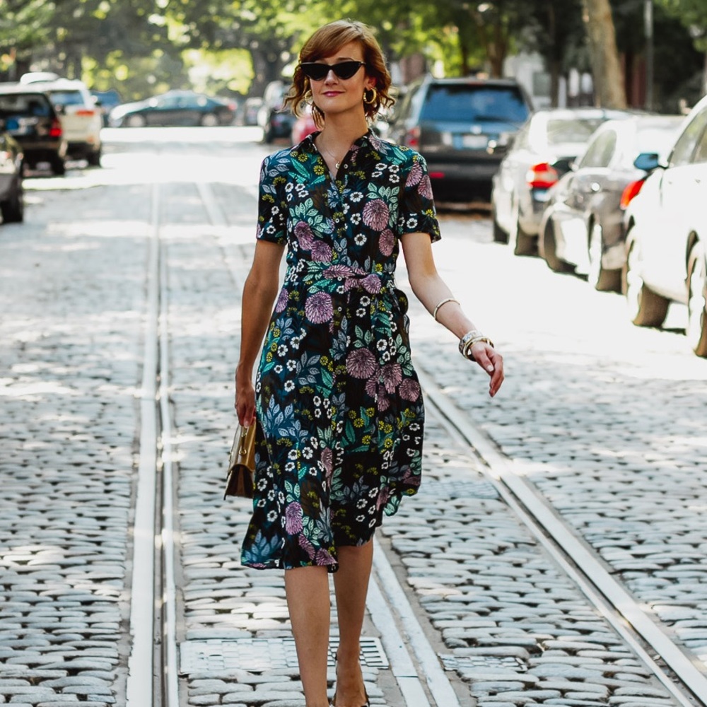 J. Crew X Abigail Borg Shirt Dress Tie Waist Buttons Size 2 Floral Blue Green - Picture 2 of 14